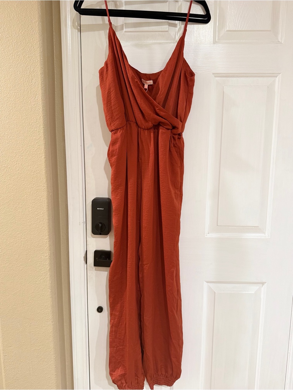 Spaghetti Strap Rust Orange Wrap Jumpsuit